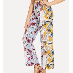 Jungle Leaf Print Colorblock Pants